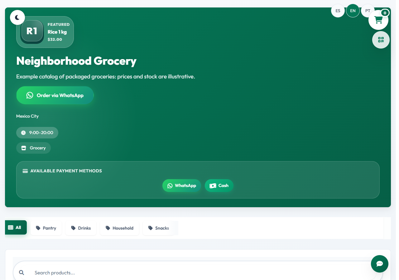 Grocery demonstration in English with WhatsApp ordering and categories