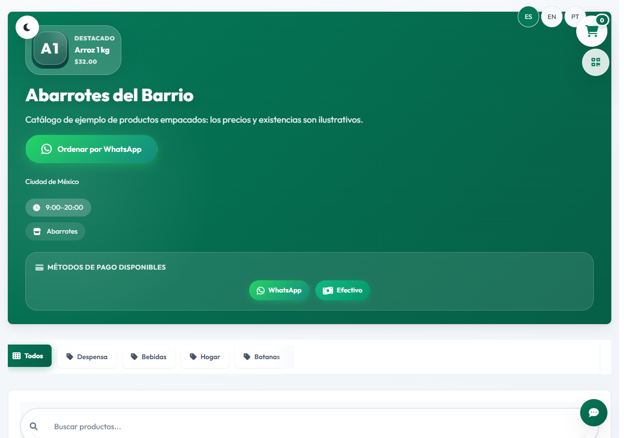 Demostración de abarrotes en español con pedido por WhatsApp y categorías