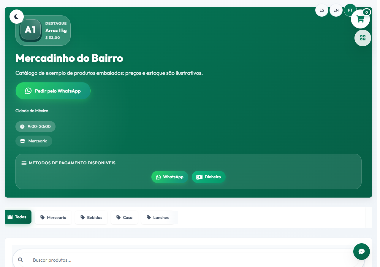 Demonstração de mercearia em português com pedidos pelo WhatsApp e categorias