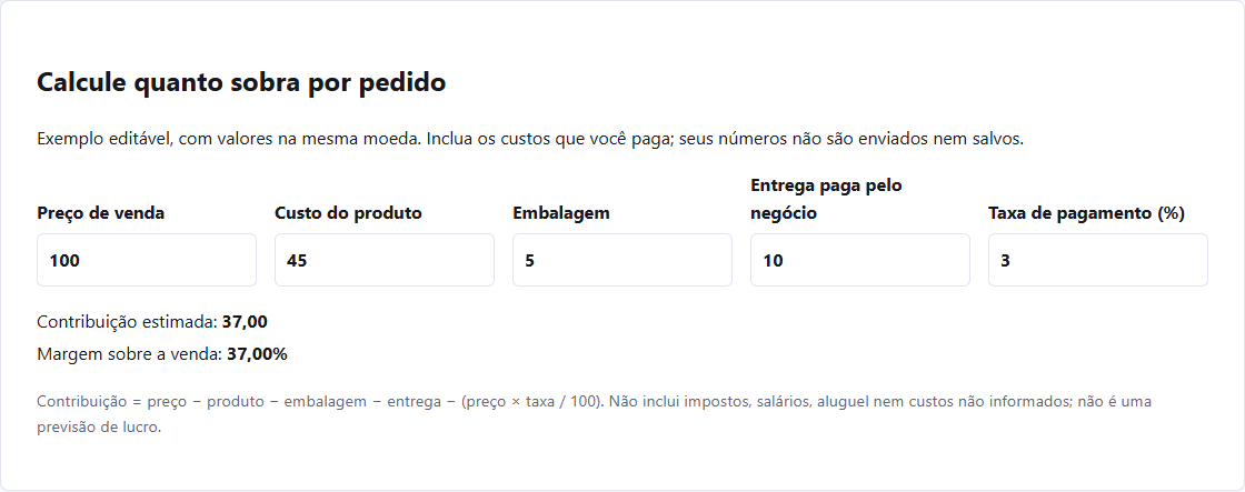 Calculadora de contribuição do MiniTiendAI em português com um pedido de exemplo e seus custos