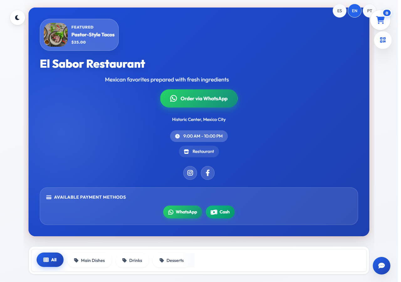 MiniTiendAI restaurant demonstration in English with categories and WhatsApp ordering
