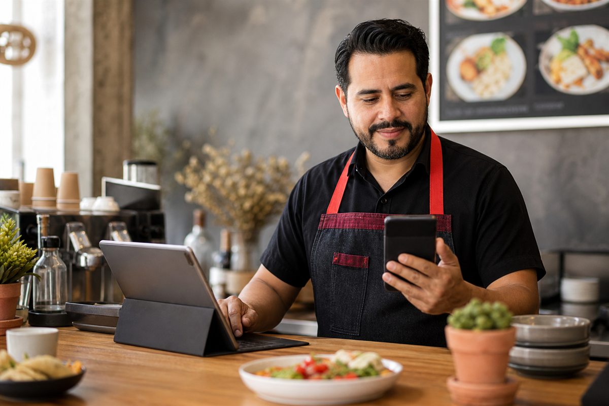 Coffee shop owner reviewing a digital menu and customer orders